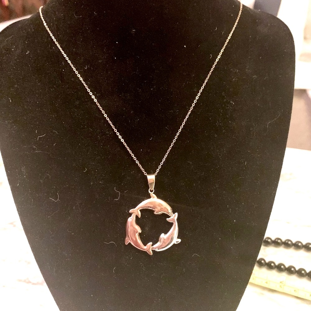 New rose yellow and 10k silver gold dolphins necklace